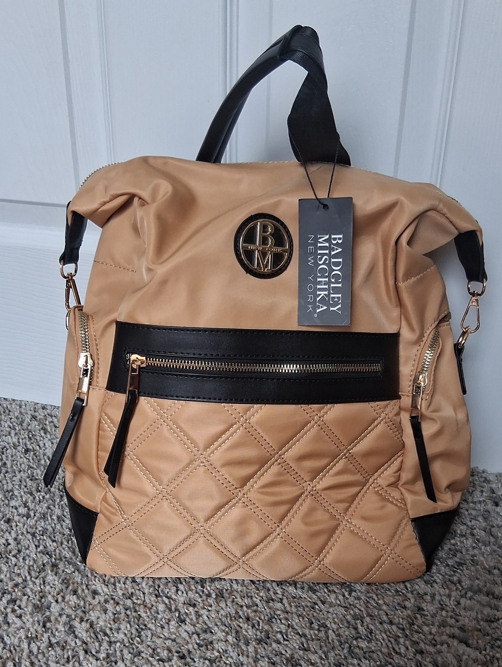 Badgley Mischka "The Natasha" Tan and Black Quilted Backpack with Gold Hardware